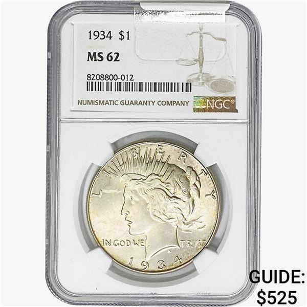 1934 Silver Peace Dollar NGC MS62