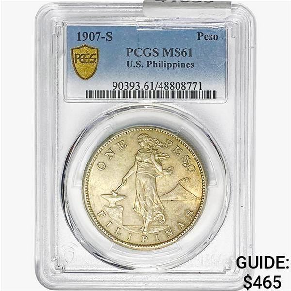 1907-S .7734oz Silver U.S. Philippines Peso PCGS MS61