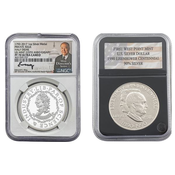 [2]1990 & 2017 1oz Silver Half Disme/Ike Silver $1