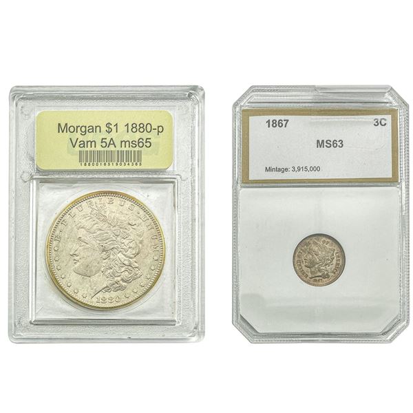 [2]1867 & 1880-P 3 Cent & Morgan Dollar PCI/USCG