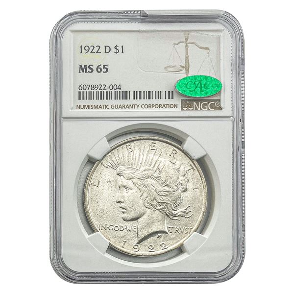 1922-D CAC Silver Peace Dollar NGC MS65