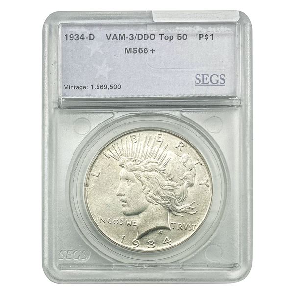 1934-D Silver Peace Dollar SEGS MS66+ VAM-3/DDO