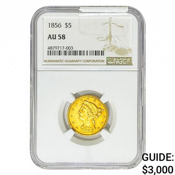 1856 $5 Gold Half Eagle NGC AU58