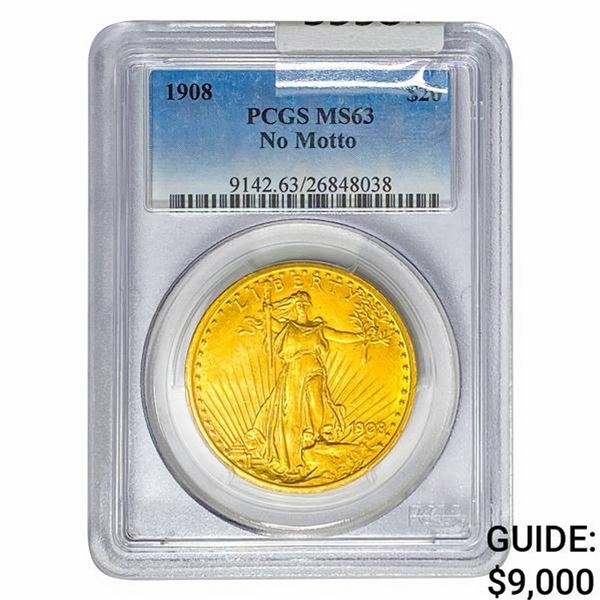 1908 $20 Gold Double Eagle PCGS MS63 No Motto