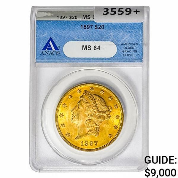 1897 $20 Gold Double Eagle ANACS MS64
