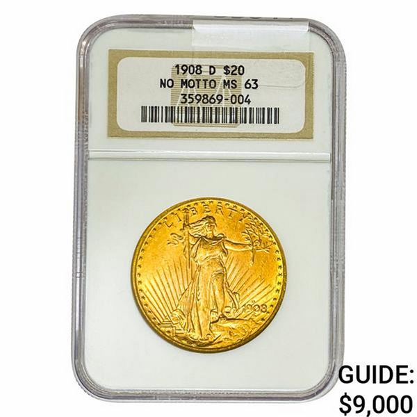 1908-D $20 Gold Double Eagle NGC MS63 No Motto