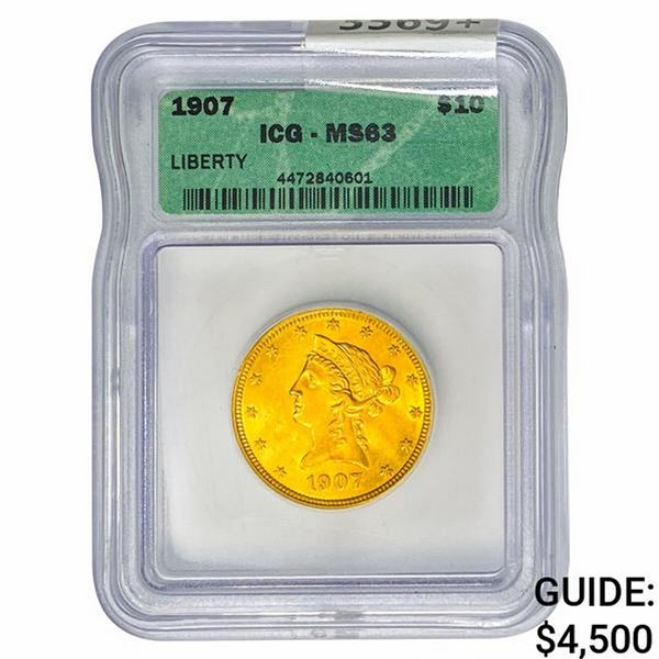 1907 $10 Gold Eagle ICG MS63
