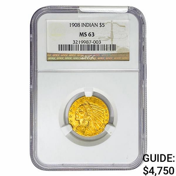 1908 $5 Gold Half Eagle NGC MS63