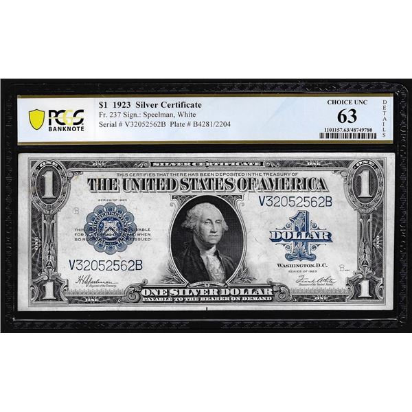 1923 $1 Silver Certificate Note Fr.237 PCGS Choice Unc 63 Details