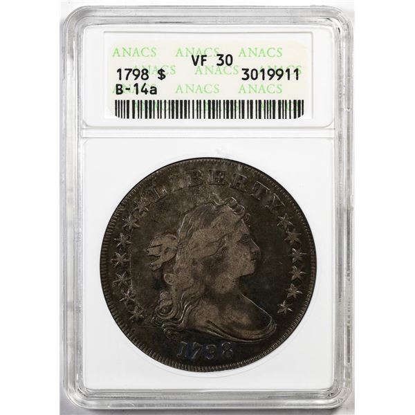 1798 B-14a $1 Draped Bust Silver Dollar Coin ANACS VF30 Old Soapbox Holder