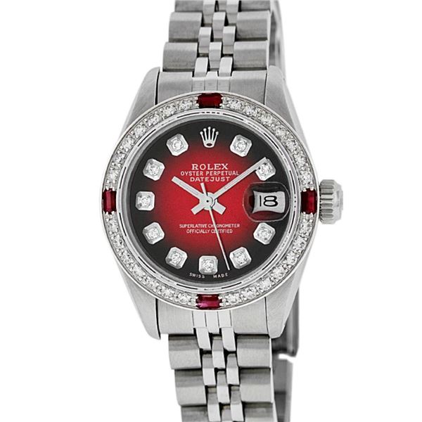 Rolex Ladies Stainless Steel Red Vignette Ruby and Diamond Datejust Wristwatch