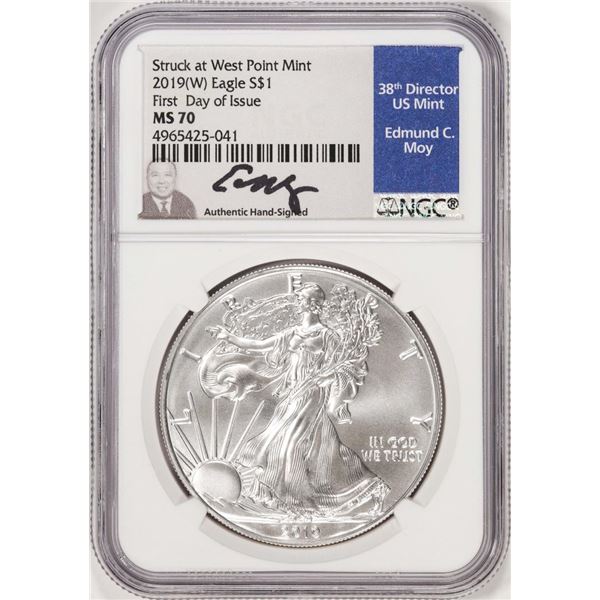 2019(W) $1 American Silver Eagle Coin NGC MS70 FDOI Moy Signature West Point Mint