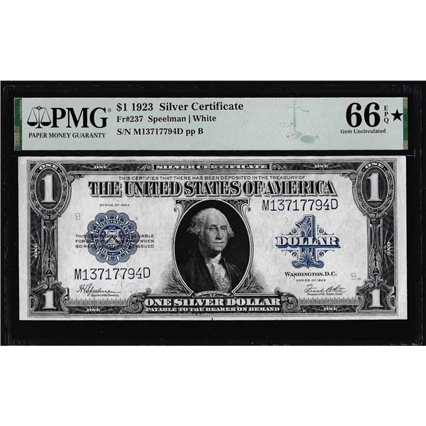 1923 $1 Horse Blanket Silver Certificate Note Fr.237 PMG Gem Uncirculated 66EPQ*