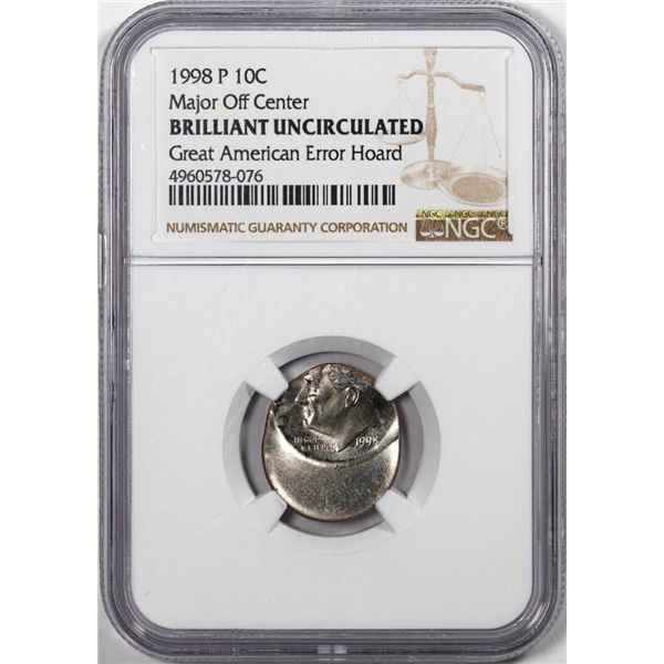 1998-P Roosevelt Dime Coin Error Major Off Center NGC Brilliant Uncirculated