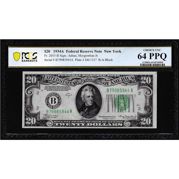1934A $20 Federal Reserve Note New York Fr.2055-B PCGS Choice Uncirculated 64PPQ