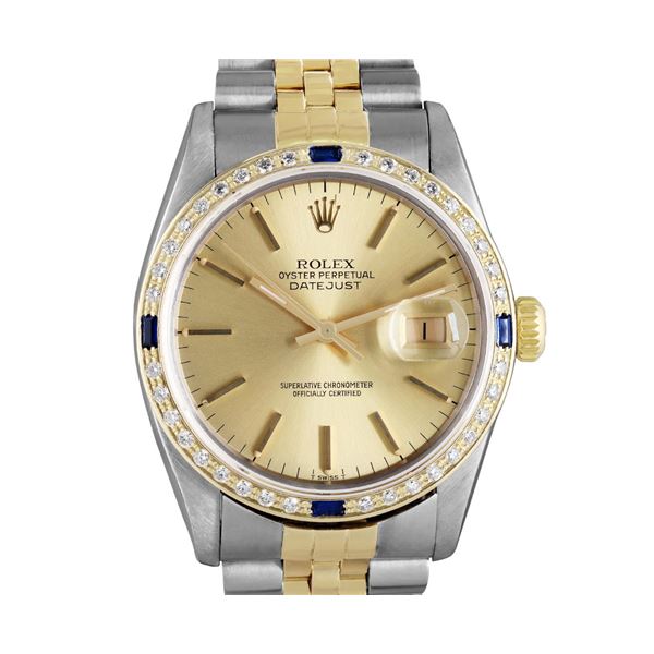 Rolex Mens Two Tone Sapphire and Diamond Datejust Wristwatch With Rolex Box
