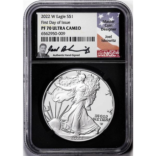 2022-W $1 Proof American Silver Eagle Coin NGC PF70 Ultra Cameo FDOI Iskowitz Signed
