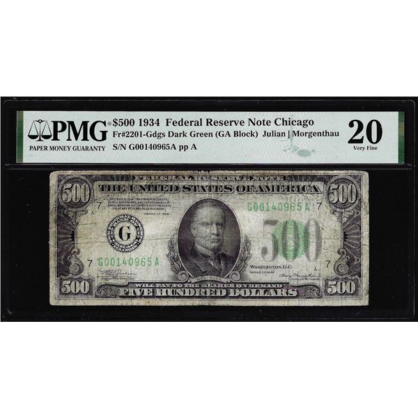 1934 $500 Federal Reserve Note Chicago Fr.2201-G PMG Very Fine 20