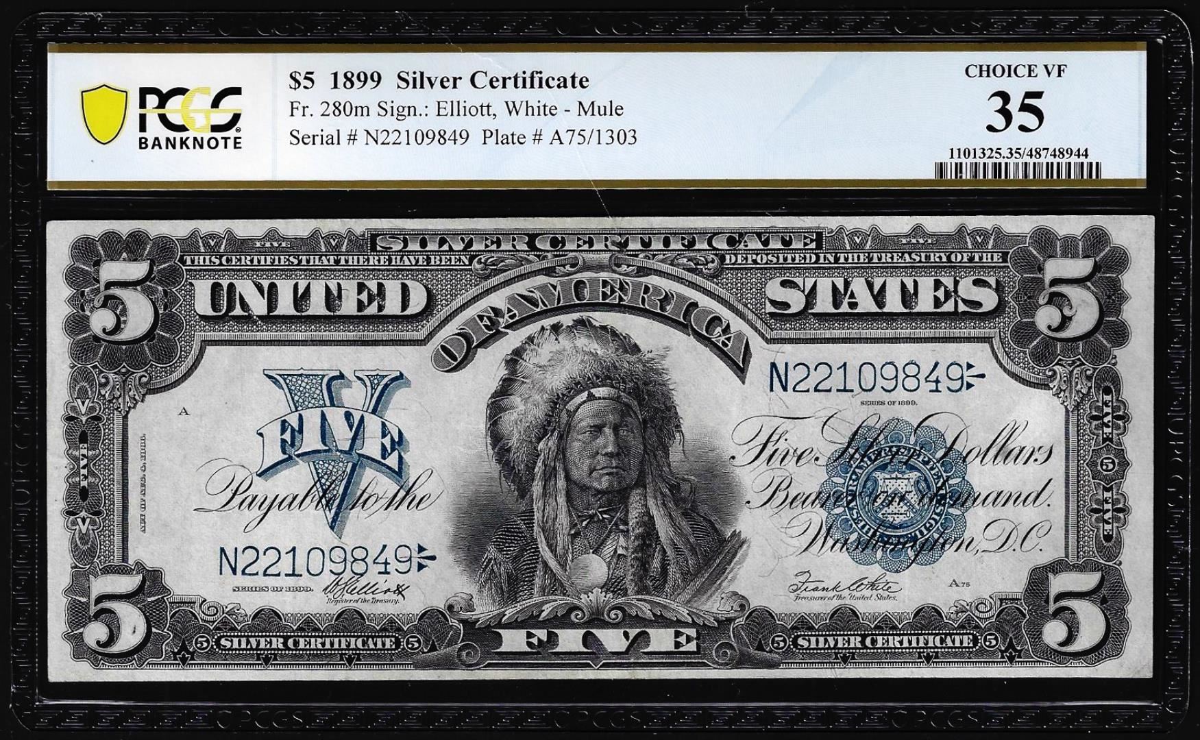 Indian Silver Notes 1899 $5 Indian Chief Silver Certificate Note Fr.280m PCGS Choice VF 35