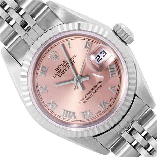 Rolex Ladies Stainless Steel Salmon Roman Datejust Wristwatch