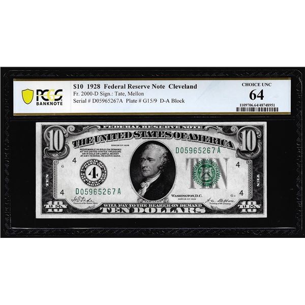 1928 $10 Federal Reserve Note Cleveland Fr.2000-D PCGS Choice Uncirculated 64