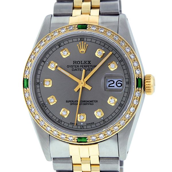 Rolex Mens Two Tone Slate Grey Emerald and Diamond Datejust Wristwatch