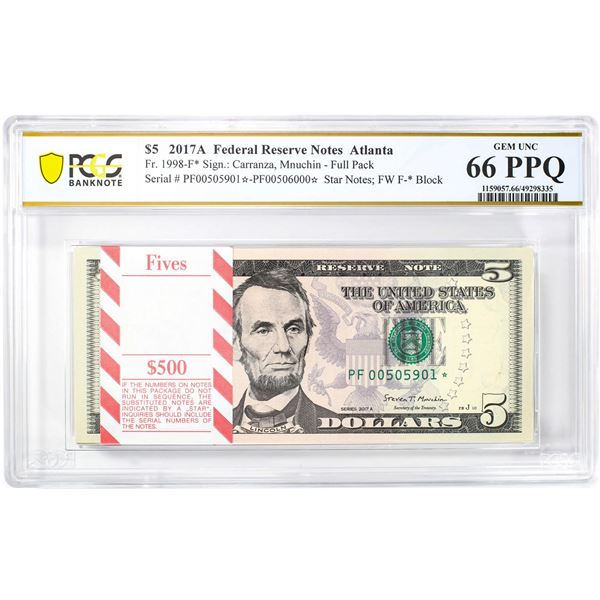 Pack of 2017A $5 Federal Reserve STAR Notes Atlanta Fr.1998-F* PCGS Gem UNC 66PPQ