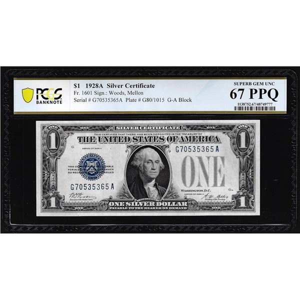 1928A $1 Funnyback Silver Certificate Note Fr.1601 PCGS Superb Gem Unc 67PPQ
