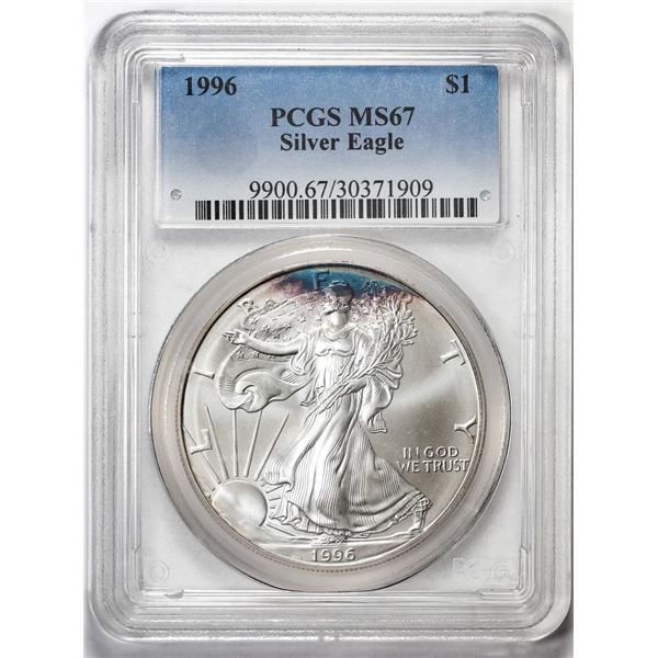 1996 $1 American Silver Eagle Coin PCGS MS67 Great Toning