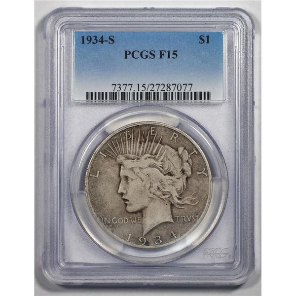 1934-S $1 Peace Silver Dollar Coin PCGS F15