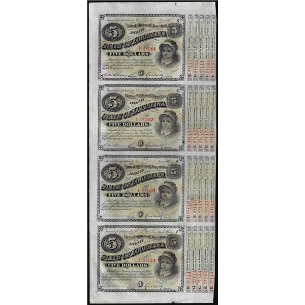 Uncut Sheet of (4) State of Louisiana Baby Bond Obsolete Notes