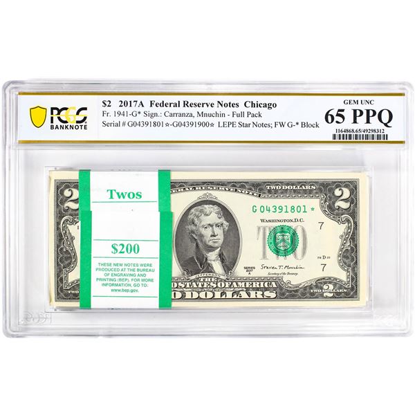 Pack of 2017A $2 Federal Reserve STAR Notes Chicago Fr.1941-G* PCGS Gem UNC 65PPQ