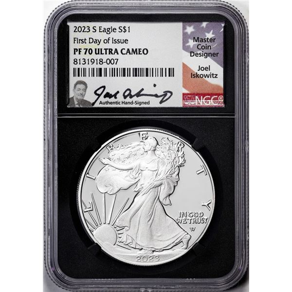 2023-S $1 Proof American Silver Eagle Coin NGC PF70 Ultra Cameo FDOI Iskowitz Signed