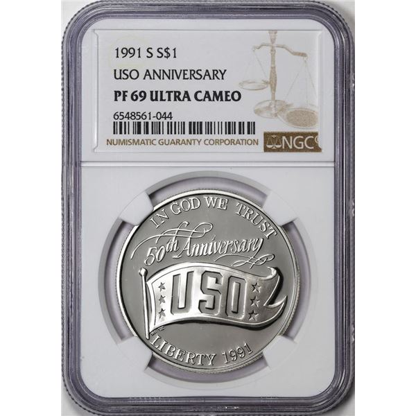 1991-S $1 Proof USO Anniversary Commemorative Silver Dollar Coin NGC PF69 Ultra Cameo