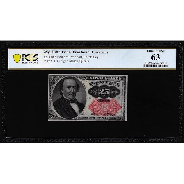 1874 Fifth Issue Twenty-Five Cents Fractional Currency Note Fr.1309 PCGS Choice Unc 63