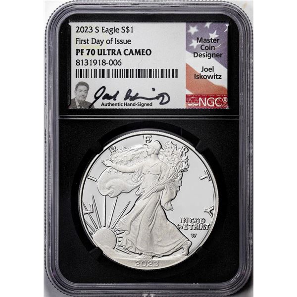 2023-S $1 Proof American Silver Eagle Coin NGC PF70 Ultra Cameo FDOI Iskowitz Signed