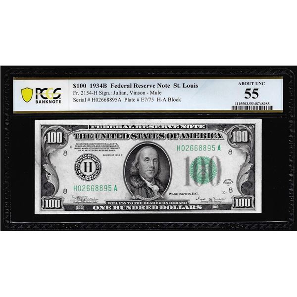 1934B $100 Federal Reserve Note St. Louis Fr.2154-H PCGS About Uncirculated 55