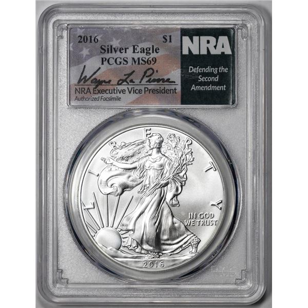 2016 $1 American Silver Eagle Coin PCGS MS69 First Strike LaPierre Sig VP of NRA