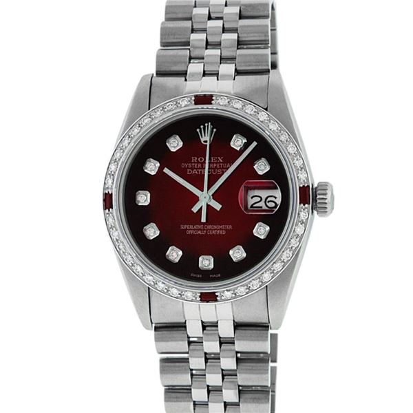 Rolex Mens Stainless Steel Red Vignette Ruby and Diamond Datejust Wristwatch