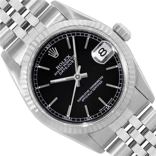 Rolex Ladies Midsize Stainless Steel Black Index Datejust Wristwatch With Rolex Box