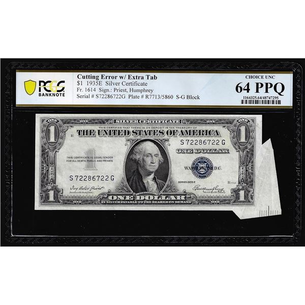 1935E $1 Silver Certificate Note Cutting Error w/Tab Fr.1614 PCGS Choice Unc 64PPQ
