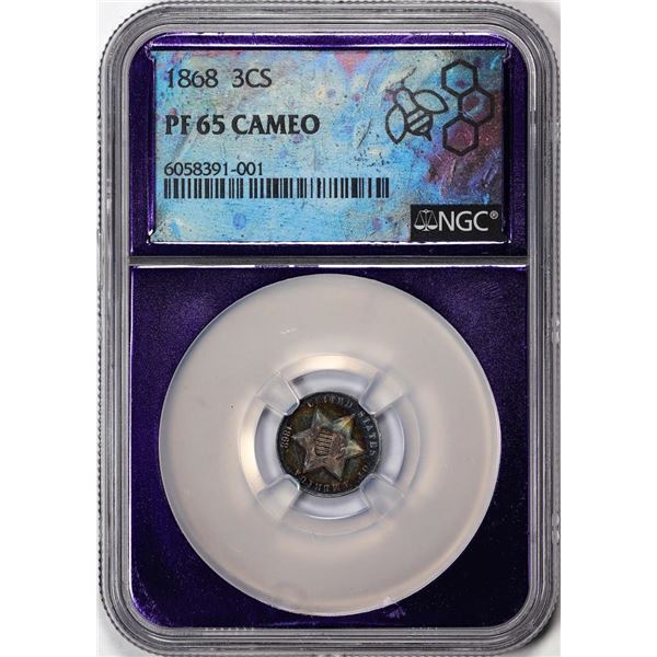 1868 Proof Three Cent Nickel Coin NGC PF65 Cameo Purple Core Amazing Toning