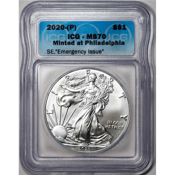2020-(P) $1 American Silver Eagle Coin ICG MS70 Emergency Issue Philadelphia Mint