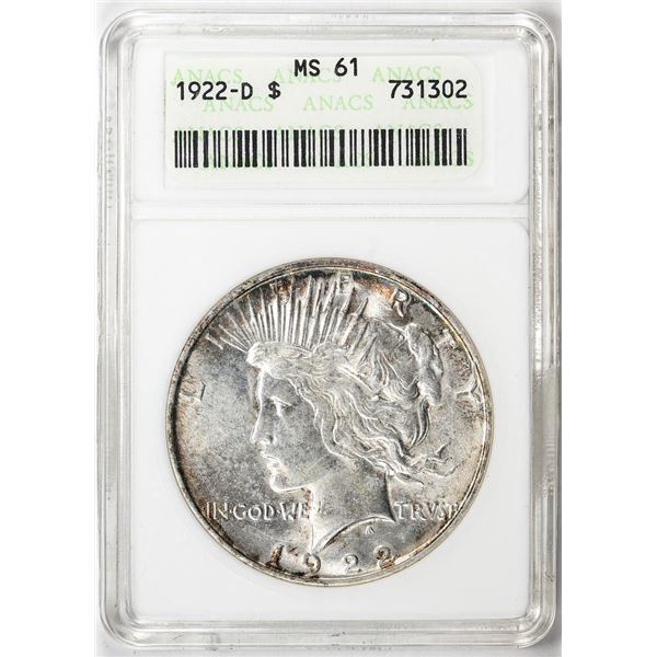 1922-D $1 Peace Silver Dollar Coin ANACS MS61 Old Soap Box