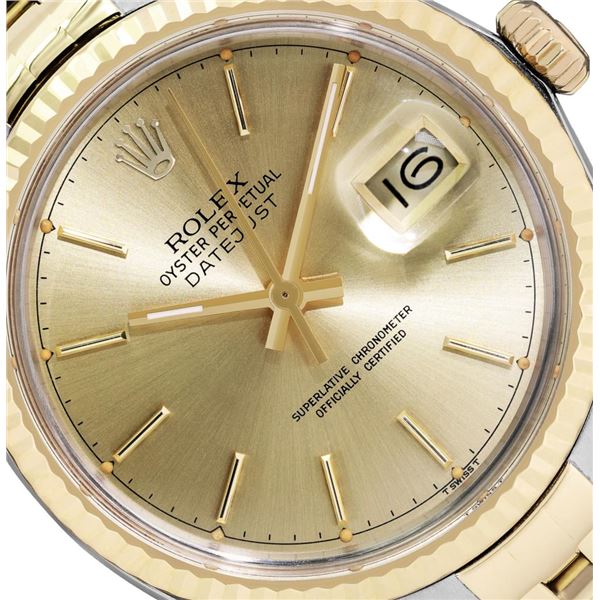 Rolex Mens Two Tone Champagne Index Datejust Wristwatch With Rolex Box