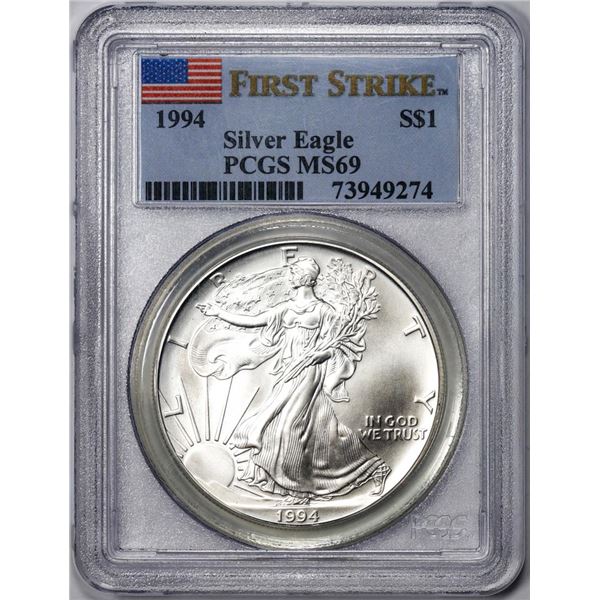 1994 $1 American Silver Eagle Coin PCGS MS69 First Strike