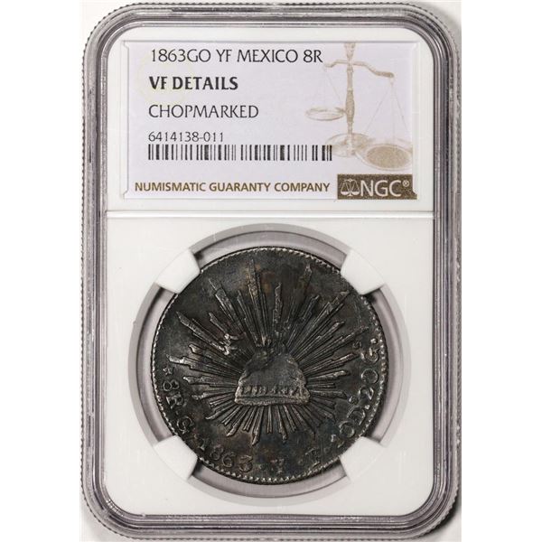 1863GO YF Mexico 8 Reales Silver Coin NGC VF Details Chopmarked