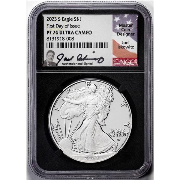 2023-S $1 Proof American Silver Eagle Coin NGC PF70 Ultra Cameo FDOI Iskowitz Signed
