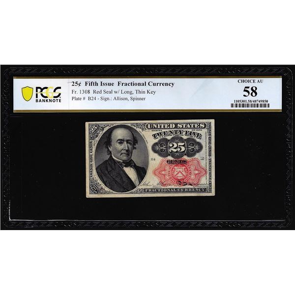 1874 Fifth Issue Twenty-Five Cents Fractional Currency Note Fr.1308 PCGS Choice AU 58