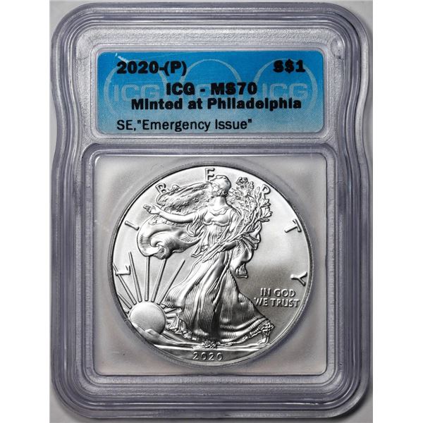 2020-(P) $1 American Silver Eagle Coin ICG MS70 Emergency Issue Philadelphia Mint